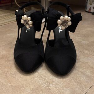 CHANEL Black Bow Heels with Pearl Cluster Accent